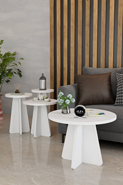 alpaevmobilya 3'lü Mantar Yuvarlak Zigon Sehpa ve Orta Sehpa Takımı - Salon, ...