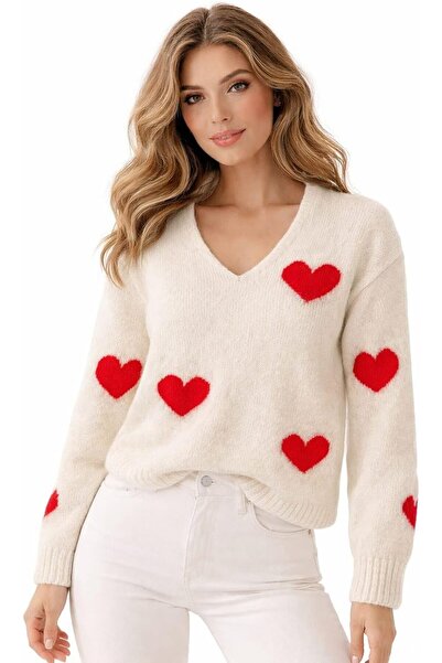 CHEVALIER FASHION Women’s Knit Sweater – V Neck Pullover with Heart Pattern, ...