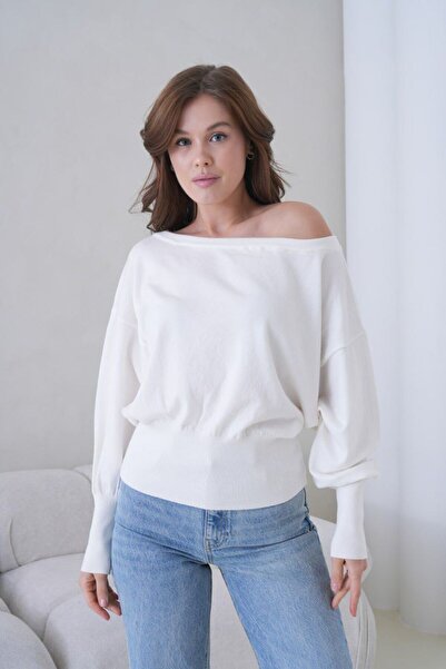 fuşyha butik One-Shoulder Boat Neck Casual Knitwear Blouse