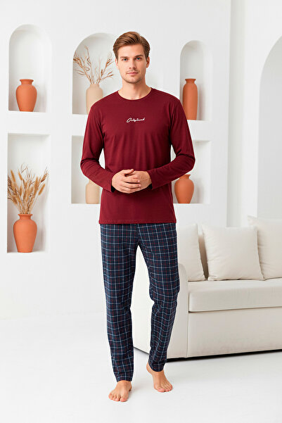 MİSSLALE Σετ ανδρικών πιτζάμες με μακρυμάνικο βαμβακερό καρό σχέδιο