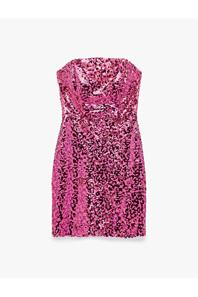 Koton Sequin Embellished Sleeveless Strapless Neckline Bodycon Mini Evening D...