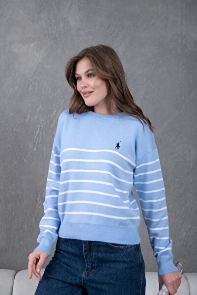 Park Karon Women's Crew Neck Striped Premium Yarn Knitwear Sweater 10274.Crs