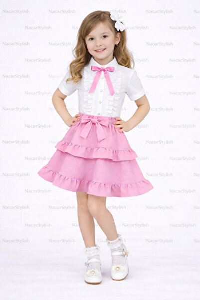 Nacar Kız Çocuk 23 Nisan 29 Ekim Fırfır Etek&Fiyonk Detaylı Gömlek - Kız Çocu...