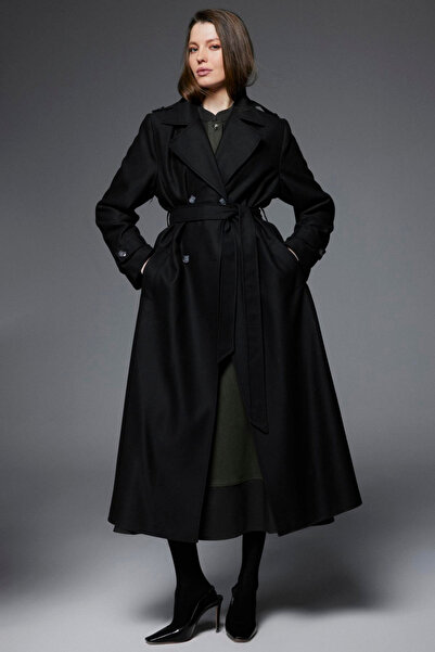 Zühre Shoulder Detailed Belted Black Coat 13898