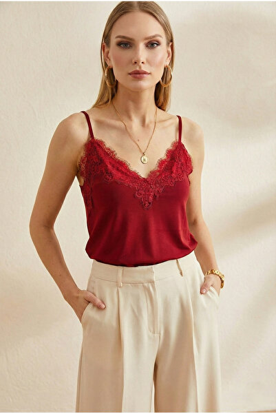 peralist Women's Burgundy Lace Detailed Sandy Blouse with Adjustable Ring Straps