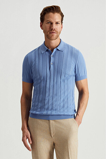 Hemington Extrafine Merino Yün-Pamuk Karışım Üç Düğme Mavi Triko Polo