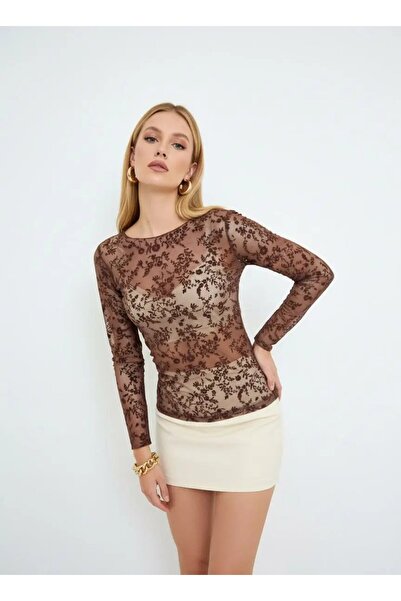 Park Karon Women's Boat Neck Flog Print Tulle Blouse 13007