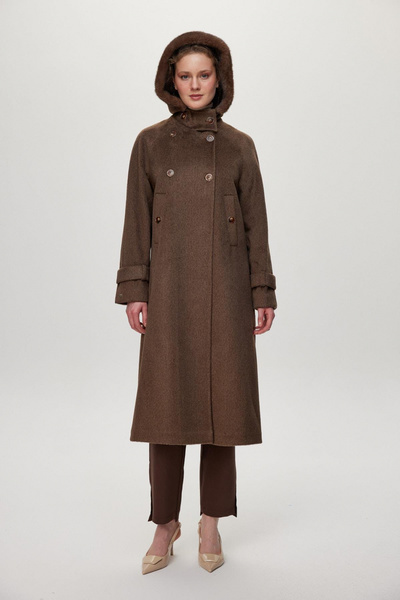 Zühre Fur Collar Button Detailed Brown Coat 13845