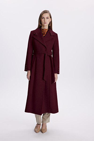 Zühre Stone Embroidered Collar Detailed Belted Plum Coat 13655
