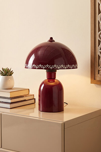 Marrien Luna Tulip Abajur | Bordo Metal Gövdeli - 25 cm - Yatak Odası Aydınla...