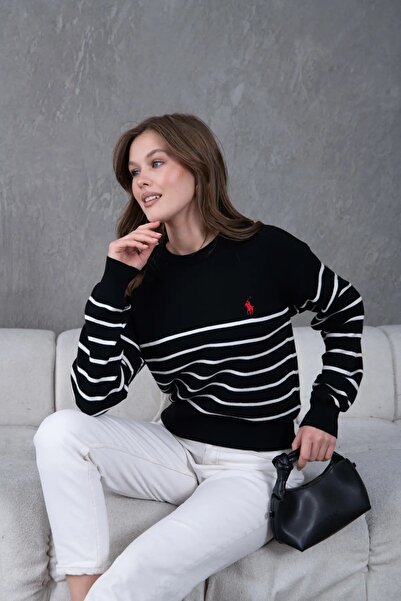 Park Karon Women's Crew Neck Striped Premium Yarn Knitwear Sweater 10274.Crs