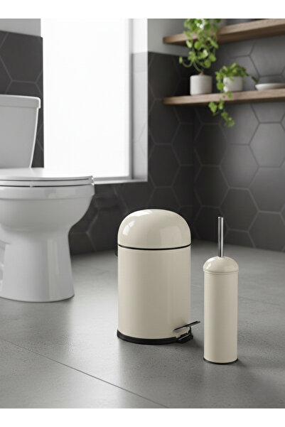 Bürke Metal Bon Kapak Bathroom Set with Shock Absorber 5 Lt Cream Trash Can T...