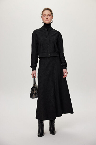 Zühre Jakar Desenli Ceket Etek Ikili Siyah Takım 1681