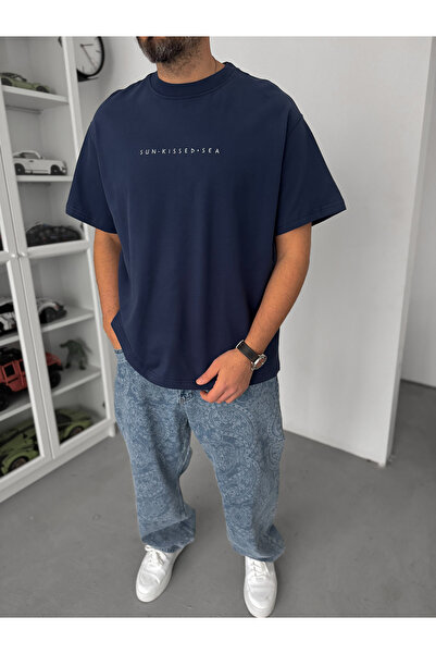 BYBASICMAN Tricou supradimensionat cu broderie în nuanța bleumarinului C-03