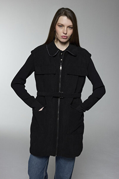 Zühre Belted Black Vest with Pocket Detail 0097