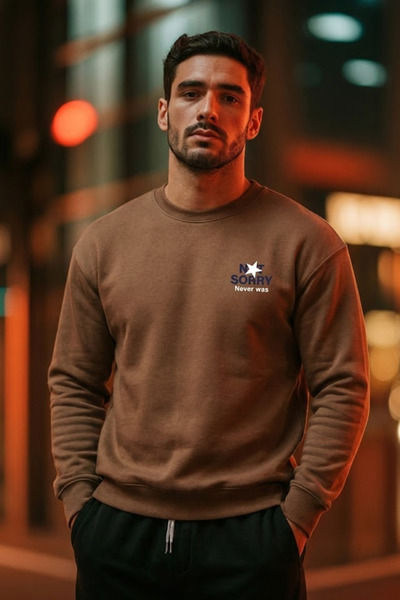 COMBİNE MİCHAİL Men's Chest Lettering Printed Brown Sweatshirt