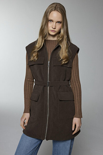 Zühre Belted Pocket Detailed Khaki Vest 0097