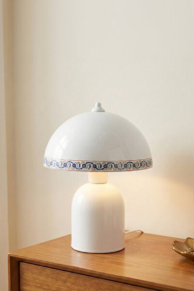 Marrien Luna Tile Abajur | Beyaz Metal Gövdeli - 25 cm - Yatak Odası Aydınlat...