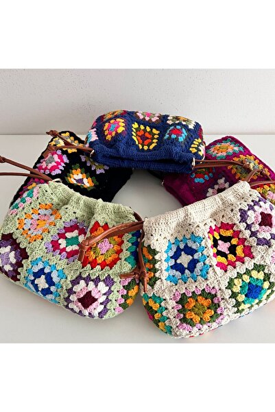 B BUL AKSESUAR Tığ İşi Örgü Ağız Kısmı Büzgülü Kadın Omuz Çantası