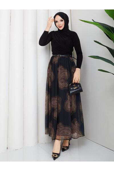 Güba Ticaret تنورة طويلة من الشيفون بطباعة رقمية للنساء - خصر مرتفع، مبطنة، م...