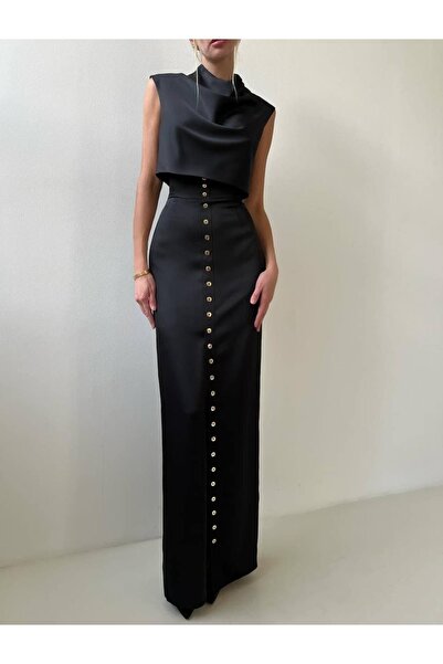 Pulli Collection Satin Collar Button Detailed Long Skirt-Blouse