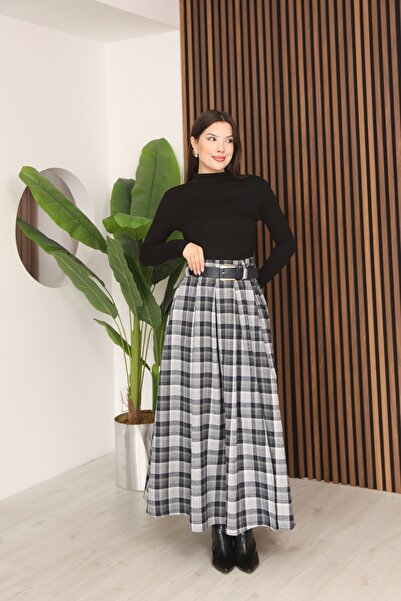 İgnites Gray Pilikaşeli Side Slit Belted Plaid Skirt