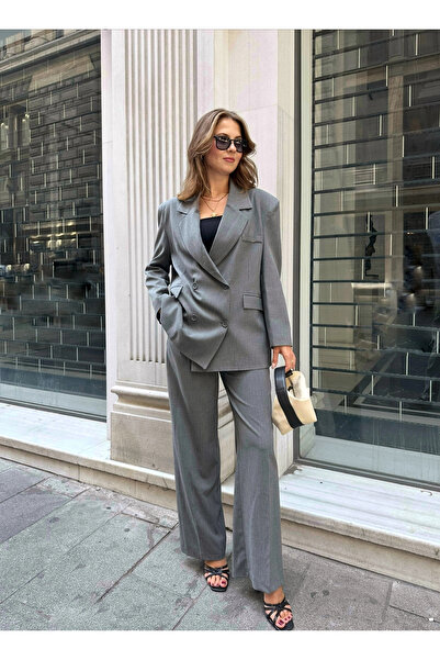 asfamoda Γυναικείο γκρι oversize σακάκι με διπλό κουμπί, κομψό κλασικό παλτό ...