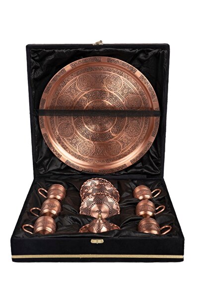 Saatistan El İşlemeli Bakır Türk Kahve Fincanı Takımı 6 Kişilik, 34 cm tepsi