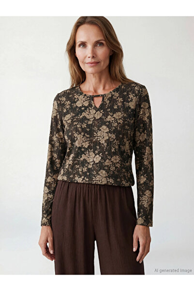 LC Waikiki Lcw Grace Black Crew Neck Floral Blouse