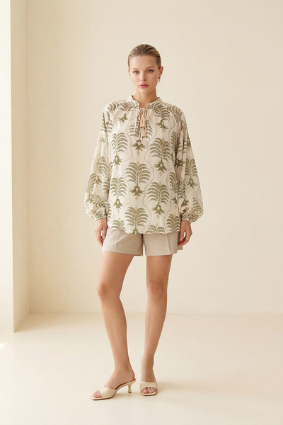 Setre Cream patterned tie-dye detailed long sleeve comfortable cut blouse