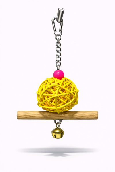 Papağanhane Parakeet Wicker Ball Perch Bell Toy Yellow Color Metal Hanging Na...