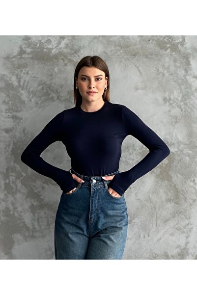 AKKEL BUTİK Finger-Looped Crew Neck Bodysuit
