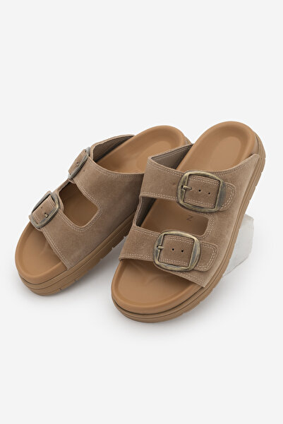 Marjin Women's Genuine Leather Buckle Thick Sole Daily Slippers Rontes Camel ...