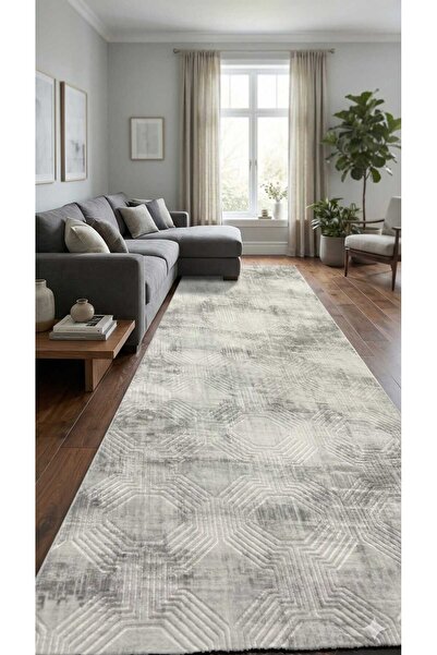 Nesrin JEL TABAN KAYMAZ MODERN GRİ KENDİNDEN DESEN KESME HALI YOLLUK