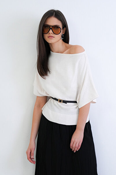 Trend Alaçatı Stili Women's Ecru Wool Blend Belted Boat Neck Sweater Alc-X15283