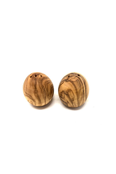das Olivenholzbrett Set of 2 olive wood salt and pepper shakers, egg shape, h...
