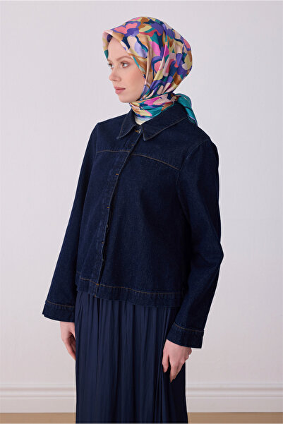 Belli Eșarfă din mătase twill 100% cu model floral multicolor, albastru marin...