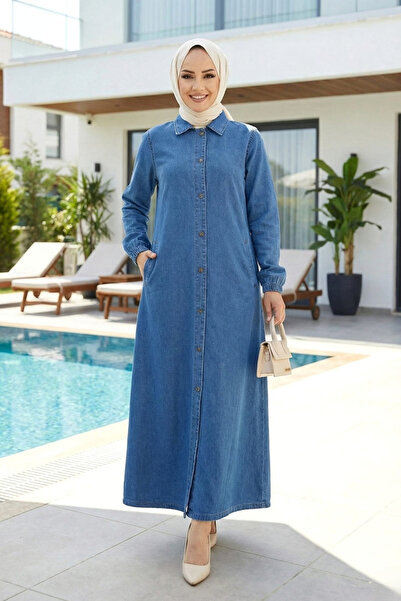 Hb Harma Time Butik Women's Buttoned Pocket Denim Dark Jeans Blue Cap