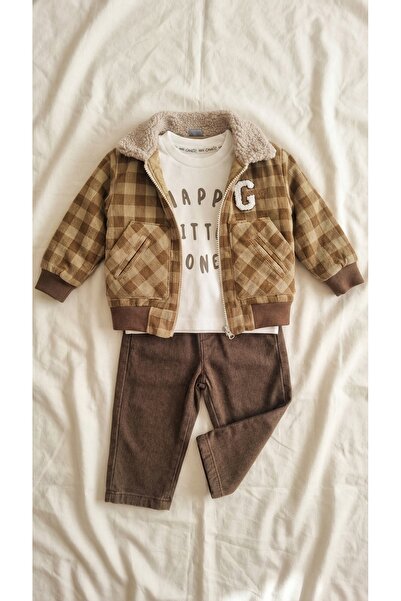Sabi Erkek Bebek Ekose Desenli Kürklü Mont Baskılı Body Ve Pantolon Kombin Ta...