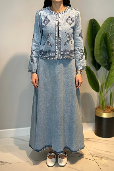 Lale Butik Sequin Embroidered Jacket Bell Skirt Set 7461 Denim