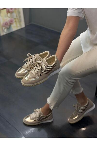 DİVA Krem Altın Bağcıklı Kadın Günlük Spor Ayakkabı