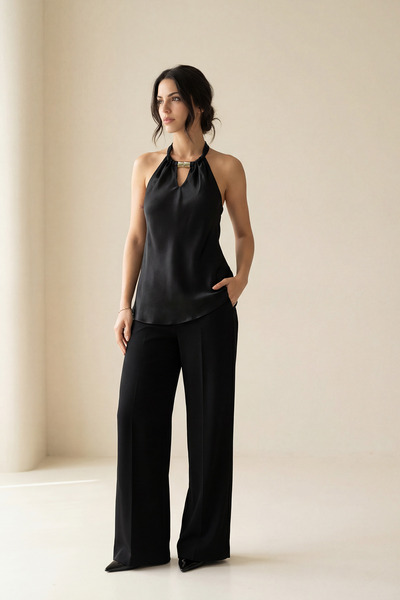 Setre Black collared blouse with window and accessory detail