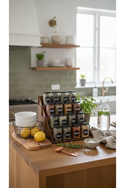 SNM Premium MDF Standlı 16'lı Cam Kavanoz Baharatlık Takımı - Mutfak Düzenleyici
