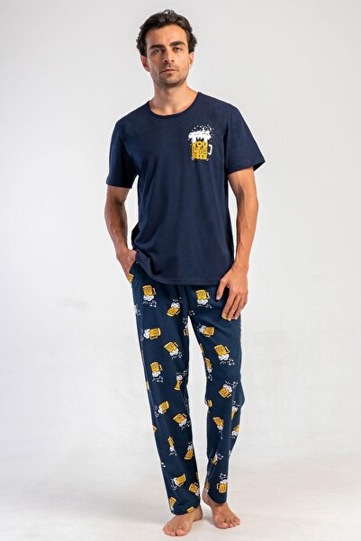 VİENETTA Men's Short Sleeve Navy Blue 100% Cotton Patterned Pajama Set C7T2N0105