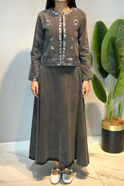 Lale Butik Sequin Embroidered Jacket Bell Skirt Set 7461 Anthracite