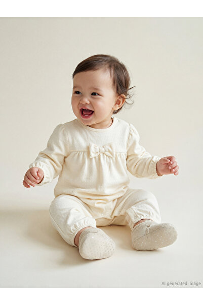 LC Waikiki Meral Collection Ecru Crew Neck Bowknot Baby Girl Jumpsuit