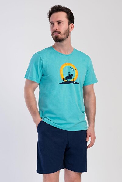 VİENETTA Men's Short Sleeve Shorts Camo Printed 100% Cotton Pajama Set C9T3N0104