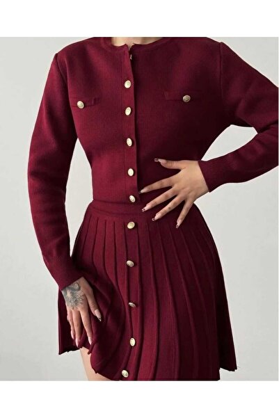 KAREN TEKSTİL Pleated Skirt Gold Button Jacket Knitwear Set