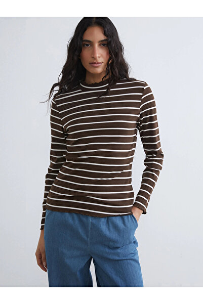 LC Waikiki Lcw Modest Ecru High Neck Striped Women's Bodysuit