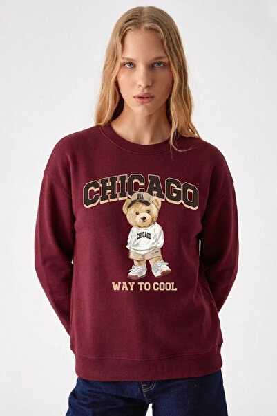 COMBİNE MİCHAİL Kadın Chiacago Ayı Baskılı Bordo Sweatshirt